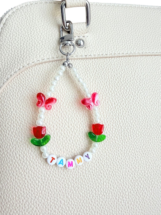 Personalized Name Bag Charm with Tulip & Butterfly