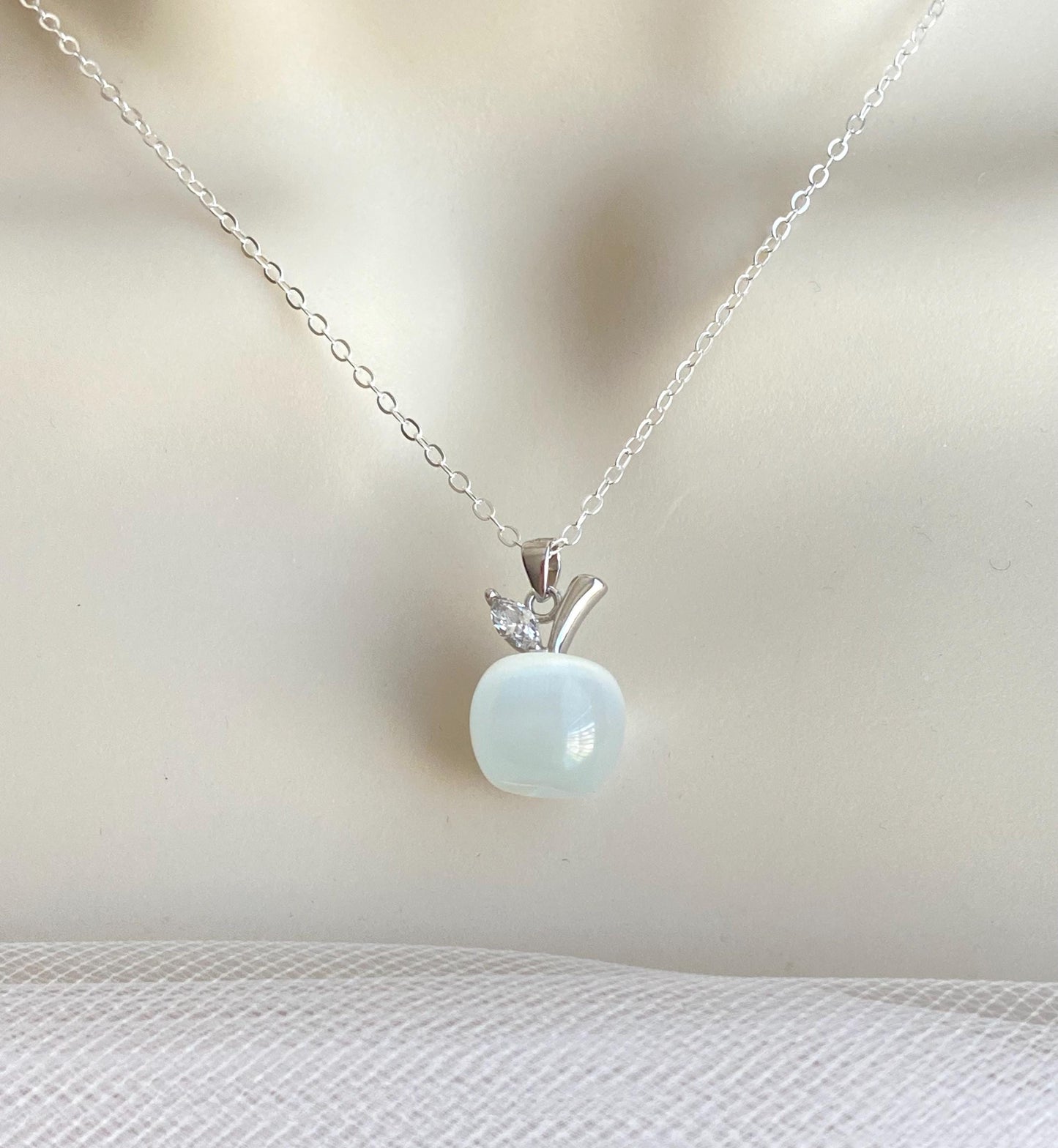 Sterling Silver Necklace with Cat’s Eye Apple Charm • 925 Silver Fruit Pendant Necklace