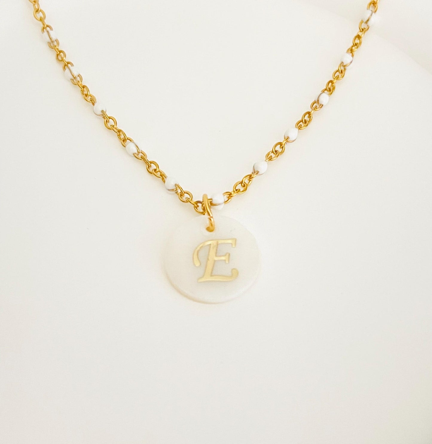 Shell Initial Pendant Necklace • Personalized Letter Necklace with White Enamel Beaded Chain