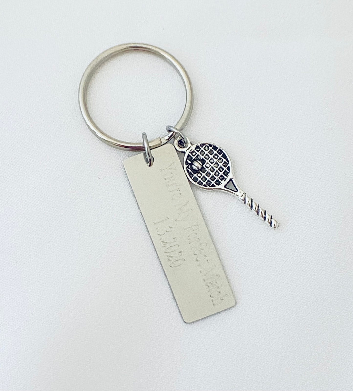 Personalized Stainless Steel Tag with Tennis Racket Charm Key Chain • Custom Engraved Sports Gift
