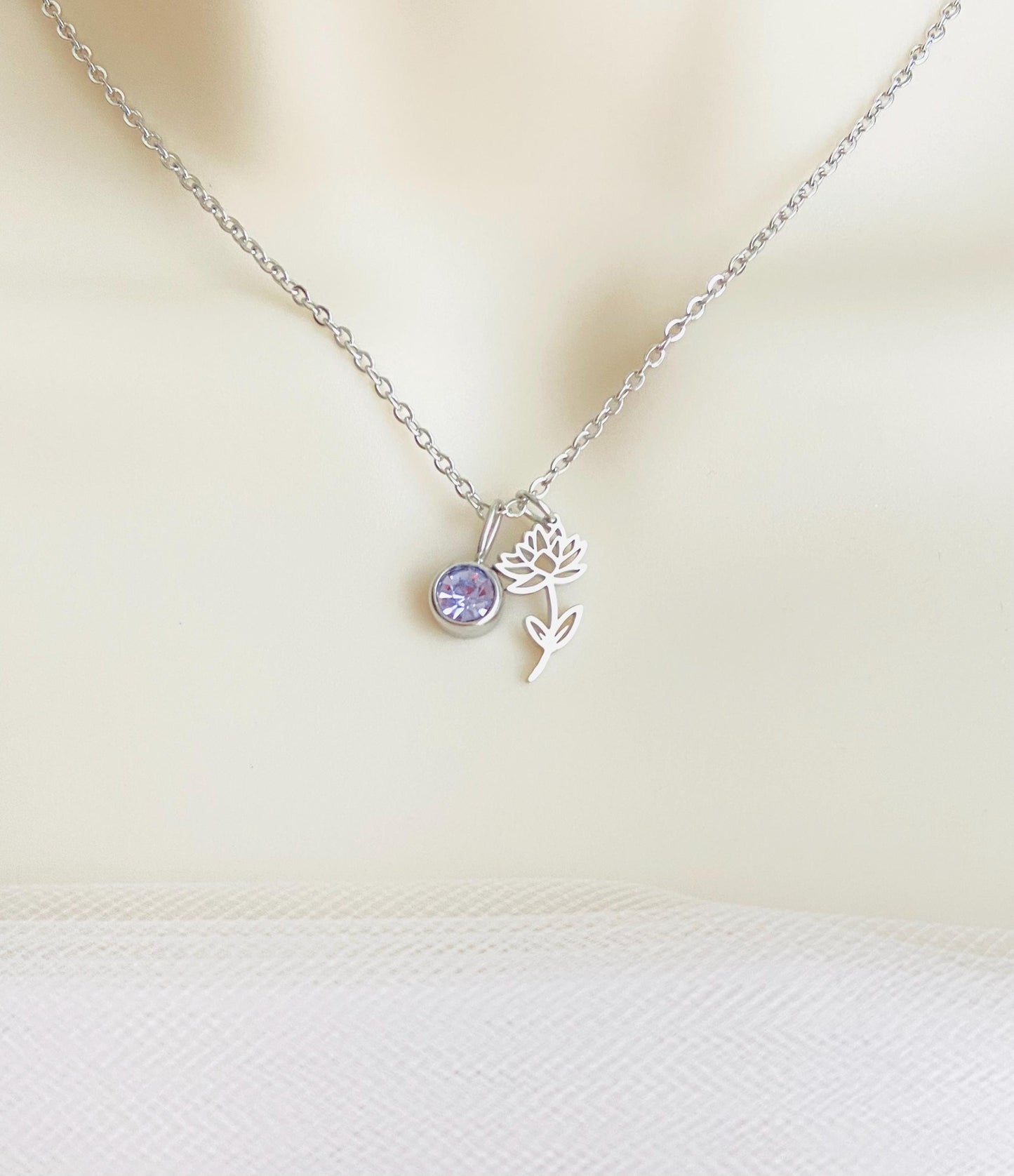 Personalized Birthstone & Birth Flower Pendant Necklace • Custom Necklace in Stainless Steel or Gold