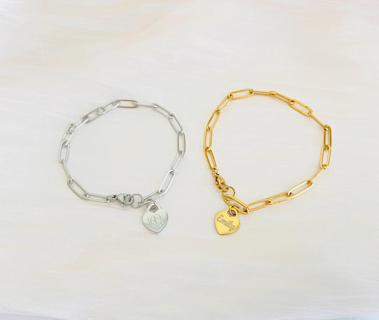 Stainless Steel Paperclip Chain Bracelet with Personalized Heart Charm • Custom Engraved Bracelet in Silver or Gold