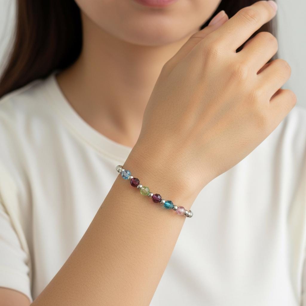 Stainless Steel Beaded Stretch Bracelet with Swarovski Crystal Birthstones