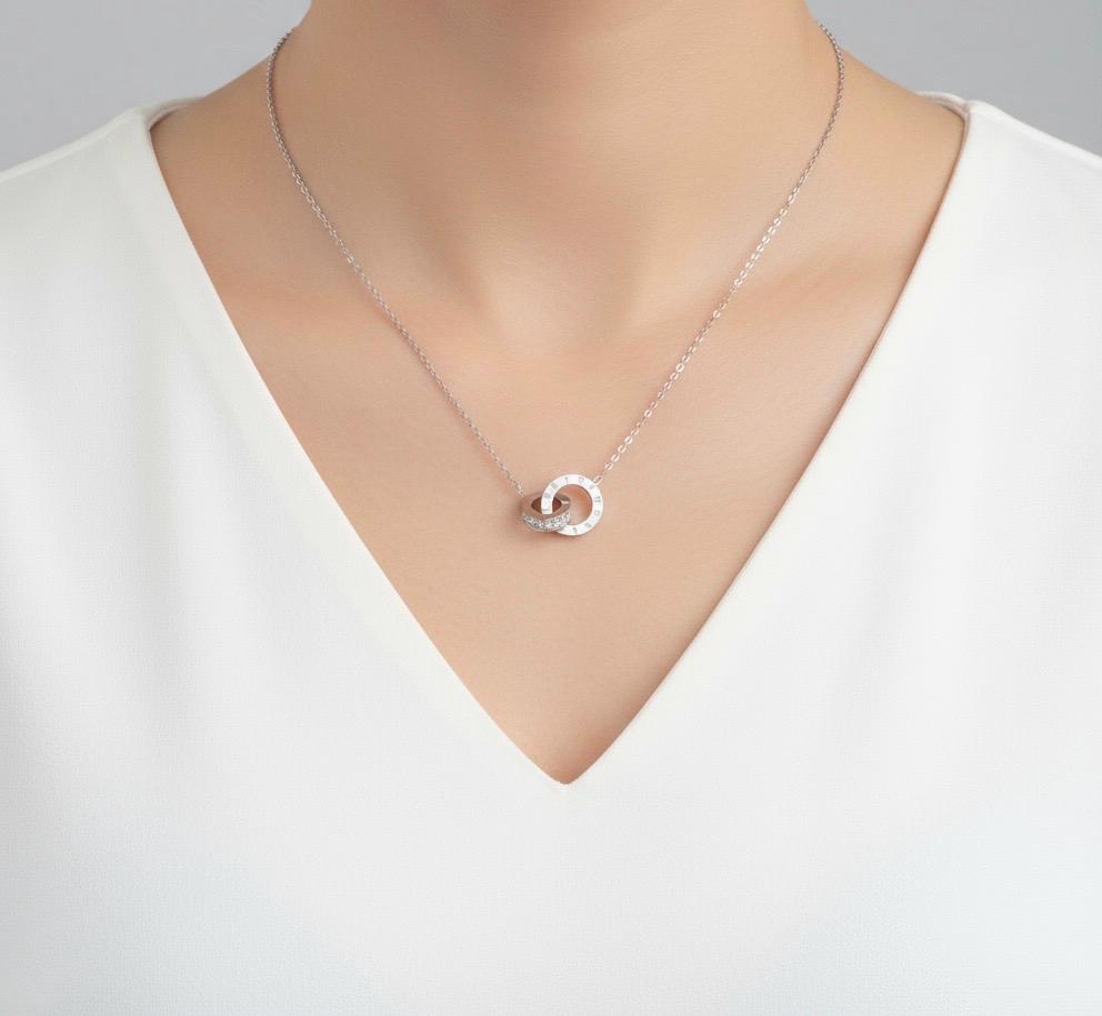Interlocking Circle Necklace with CZ Accent • Stainless Steel or Gold Linked Circle Pendant, Minimalist Karma Necklace