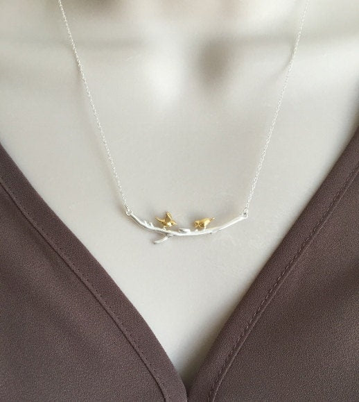 Sterling Silver Necklace with Gold Love Birds on Branch – Two-Tone Romantic Bird Pendant