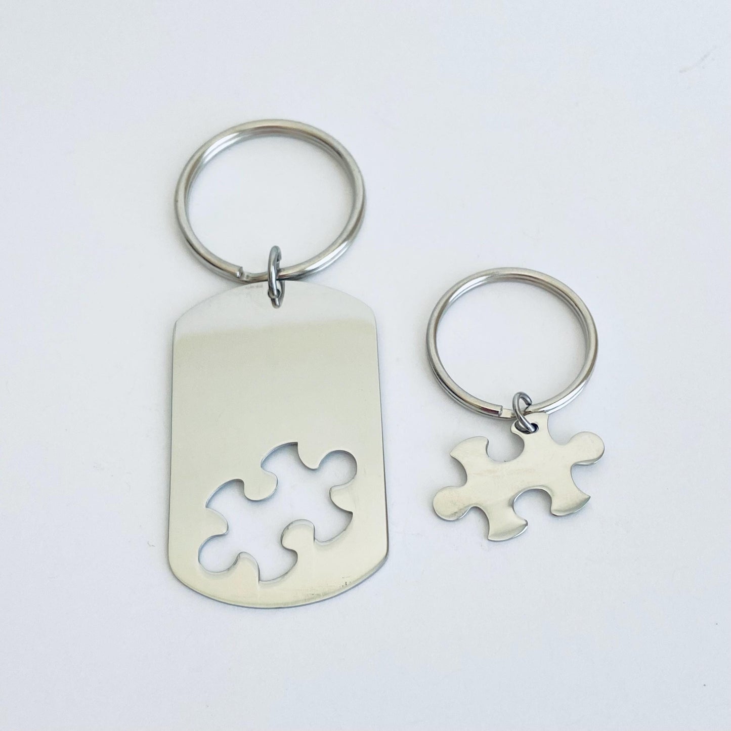 Personalized Stainless Steel Puzzle Key Chain Set • Interlocking Puzzle Piece Dog Tag Key Chains