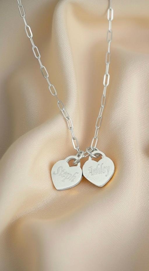 Personalized Heart Charm Necklace • Custom Engraved Necklace in Stainless Steel or Gold
