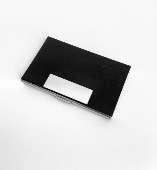Personalized Black Faux Leather Business Card Holder • Custom Engraved Leatherette Card Case for Men & Women