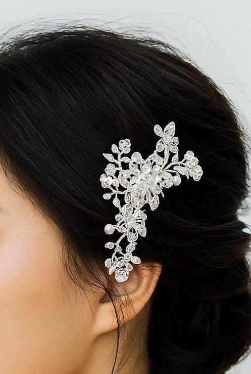 Rhinestone and Glass Pearl Floral Hair Comb • Bridal Wedding Hair Accessory for Bride & Bridesmaids