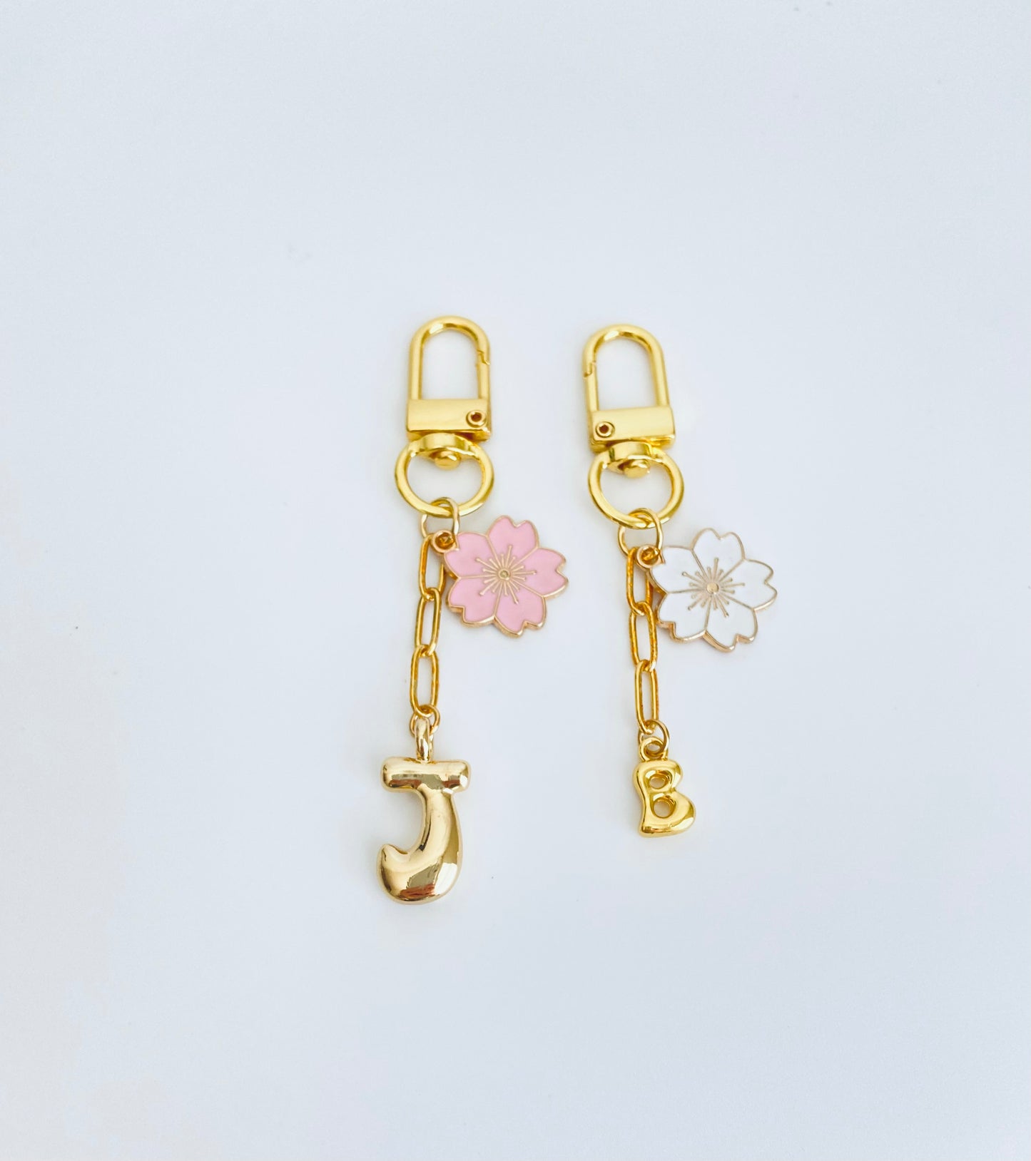 Matching Mother & Daughter Gold Tone Clip-On Bag Charm Set • Large & Small Bubble Initial with Flower Charm Set