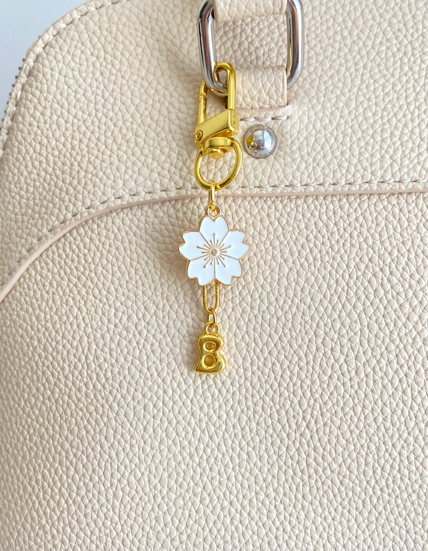 Matching Mother & Daughter Gold Tone Clip-On Bag Charm Set • Large & Small Bubble Initial with Flower Charm Set