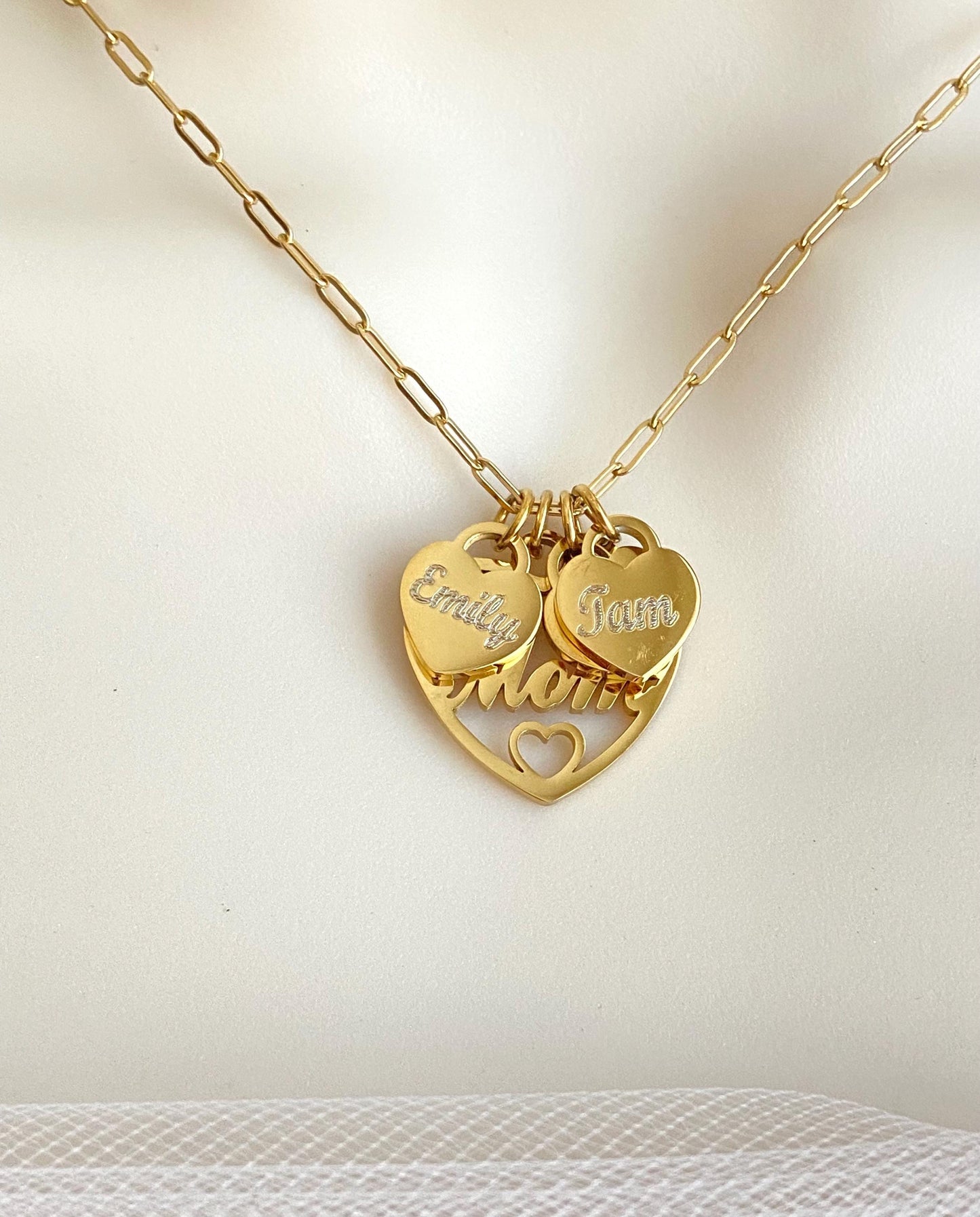Mom Necklace with Personalized Heart Charms • Custom Family Necklace in Stainless Steel or Gold
