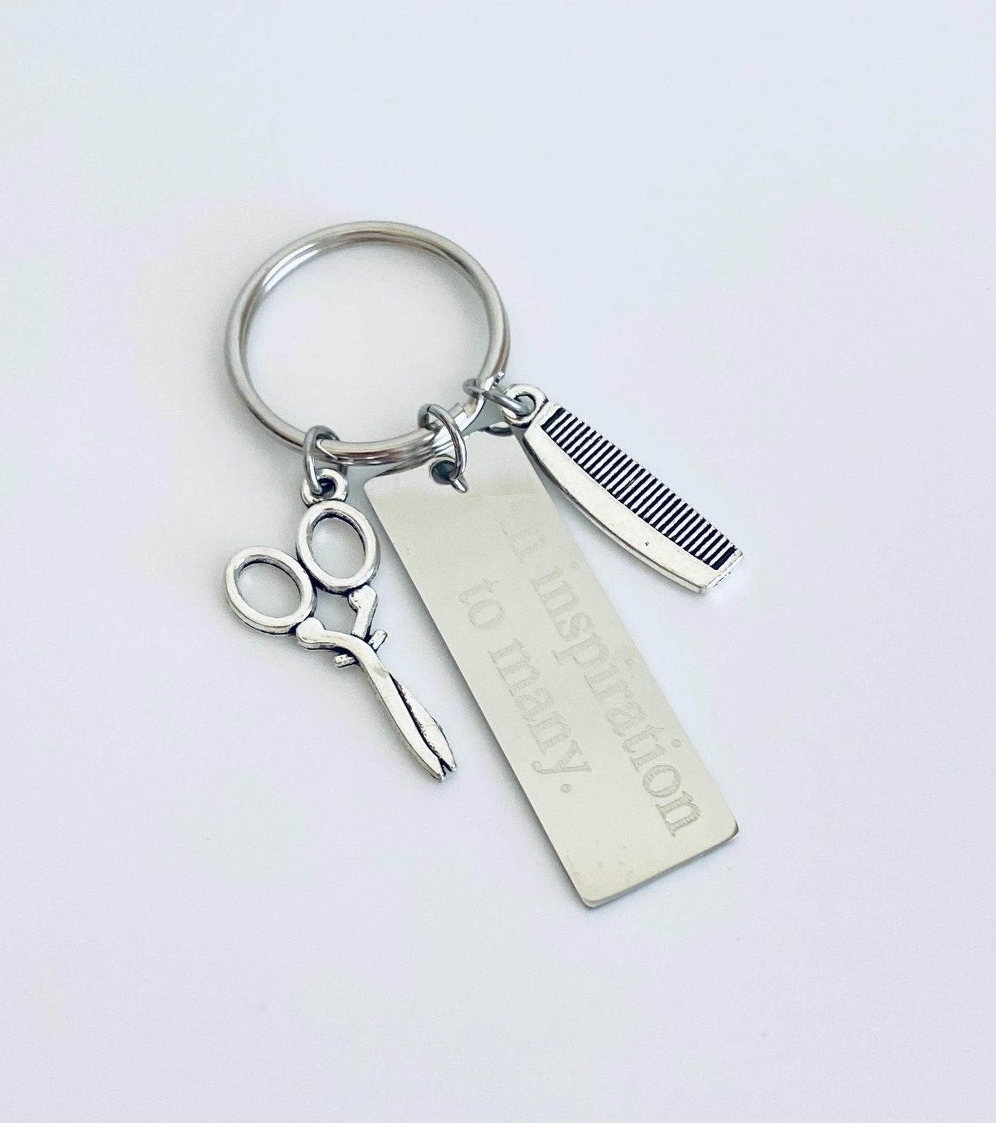 Personalized Hair Stylist Keychain with Comb and Scissor Charm • Engraved Gift for Hairdresser, Barber or Cosmetologist