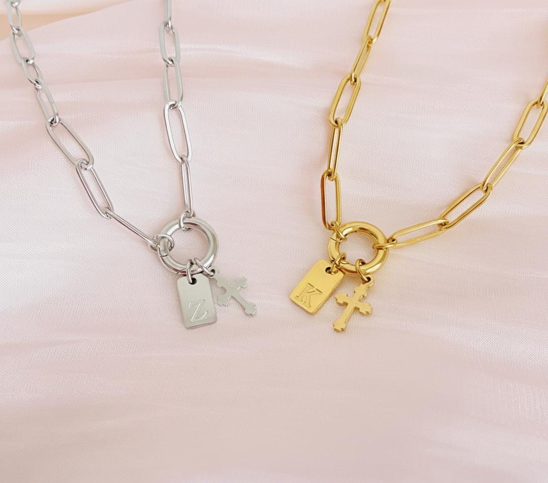 Personalized Paperclip Chain Necklace with Cross & Initial Charm • Stainless Steel or Gold