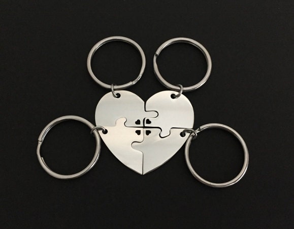 Personalized Stainless Steel 4-Piece Puzzle Key Chain Set with Tiny Heart Cutout • Custom Engraved Matching KeyChains