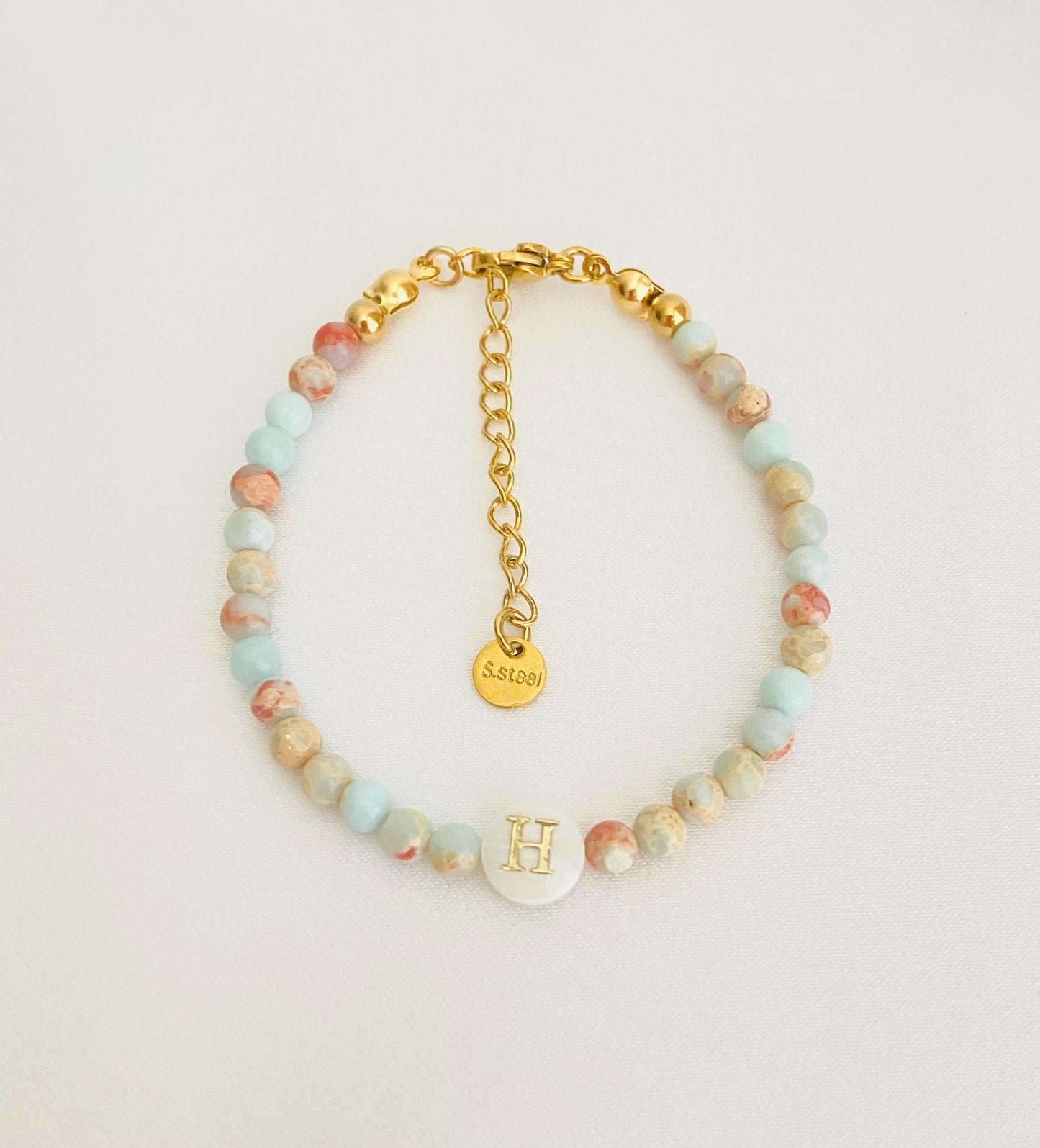 Personalized Shell Initial Bracelet • White Shell, Yellow Shell, Jasper & Ice Jade Beaded Bracelet