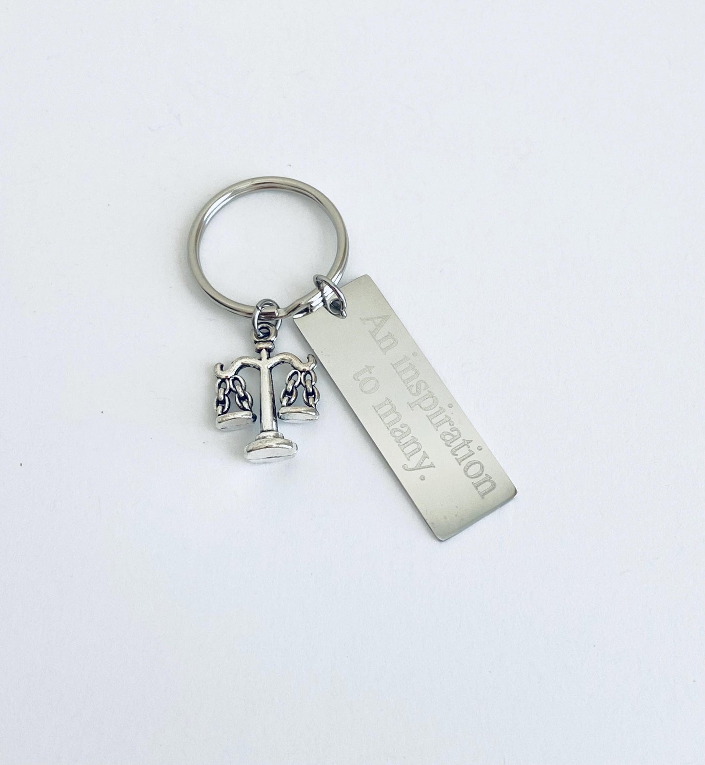 Personalized Stainless Steel Tag with Scale Charm • Custom Engraved Justice Keychain