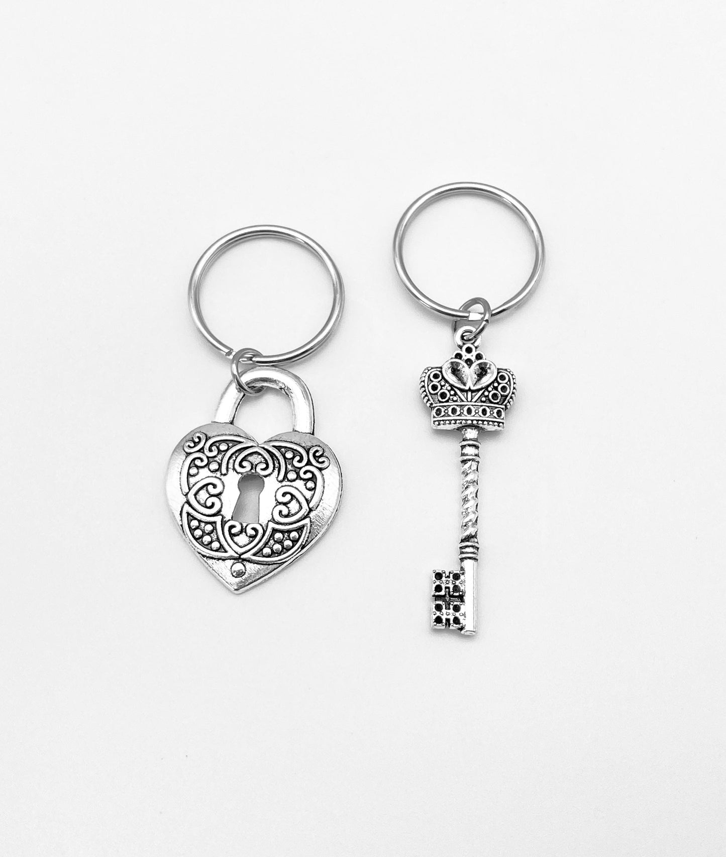 Large Heart Lock and Key Charm Key Chain Set • Base Metal Matching Couple Keychains