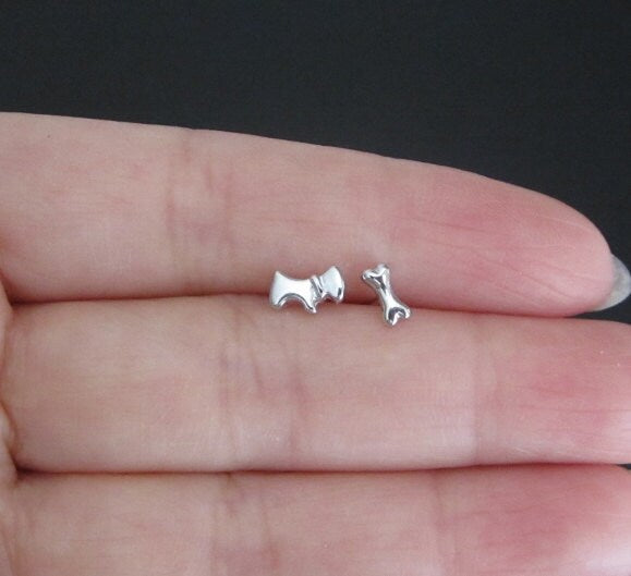 Sterling Silver Dog and Dog Bone Stud Earrings • Cute Puppy & Bone Earrings for Dog Lovers, Dainty Animal Studs