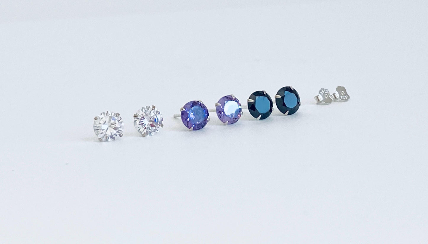 Sterling Silver Crystal Stud Earrings • 925 Silver Studs with Cubic Zirconia, Amethyst or Onyx