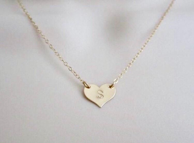 Gold Filled Heart Necklace with Hand Stamped Initial • Personalized Initial Necklace
