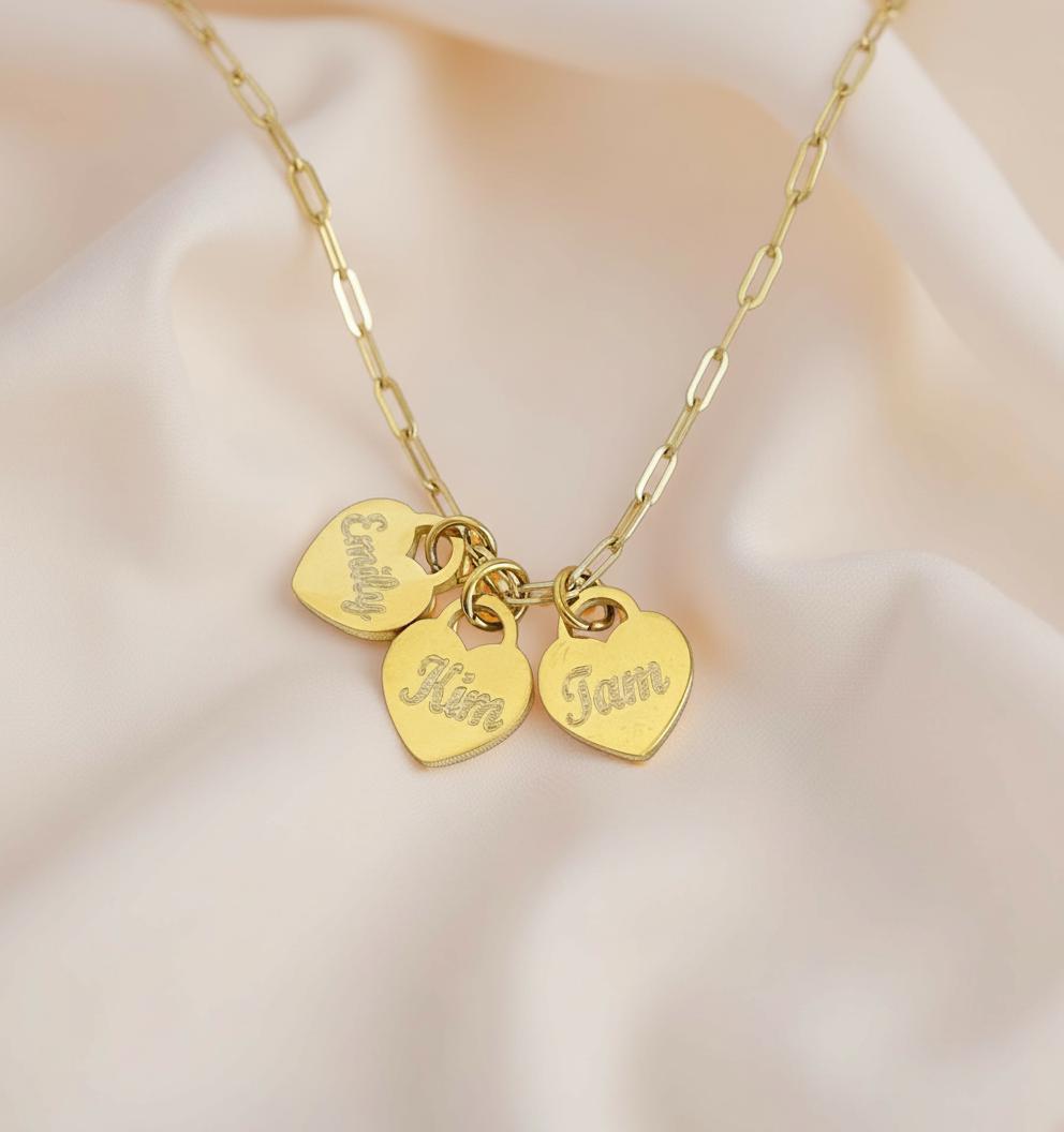 Personalized Heart Charm Necklace • Custom Engraved Necklace in Stainless Steel or Gold