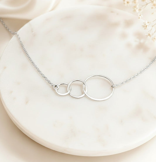 Sterling Silver Interlocking Triple Circle Pendant • Family Unity Necklace for Women
