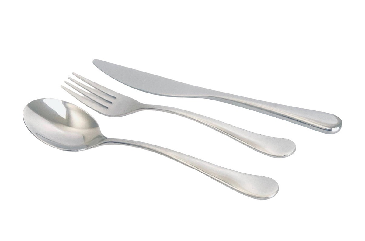 A three-piece stainless steel cutlery set consisting of a spoon, a fork, and a knife, arranged diagonally on a plain white background.