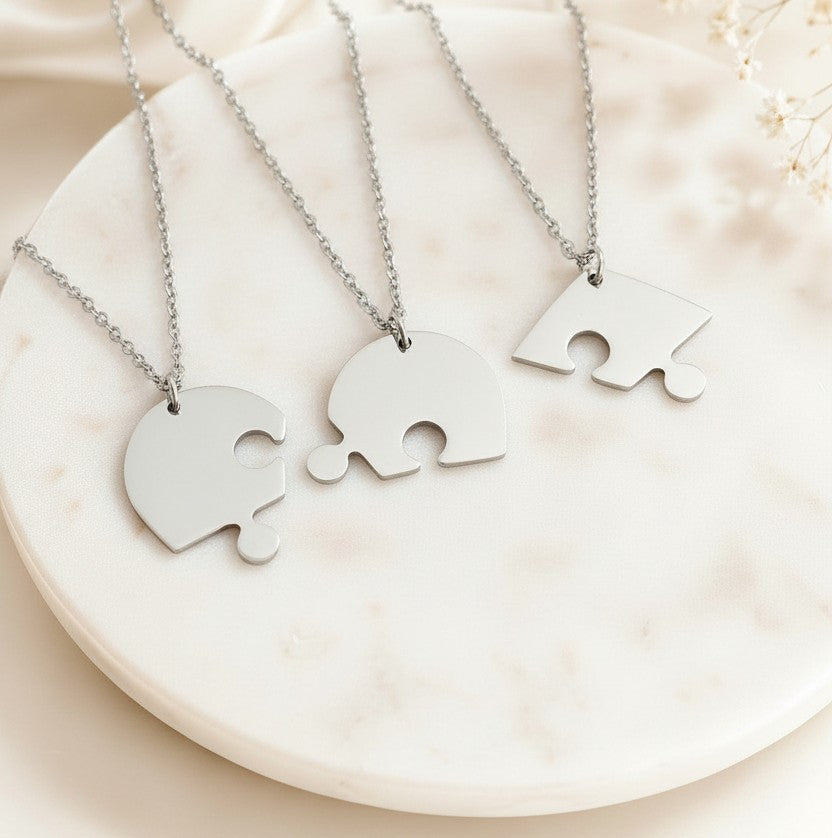 Personalized Stainless Steel 3-Piece Heart Puzzle Necklace Set