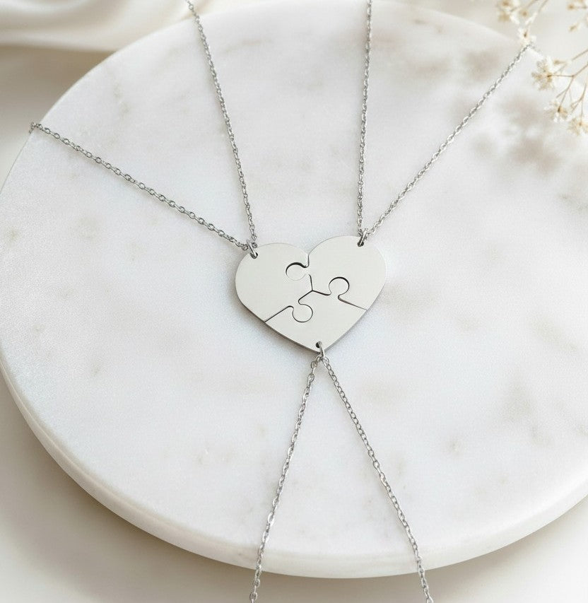 Personalized Stainless Steel 3-Piece Heart Puzzle Necklace Set