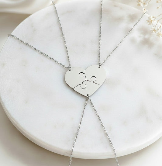 Personalized Stainless Steel 3-Piece Heart Puzzle Necklace Set