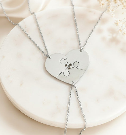 Personalized Stainless Steel 3-Piece Puzzle Heart Necklace Set with Tiny Heart