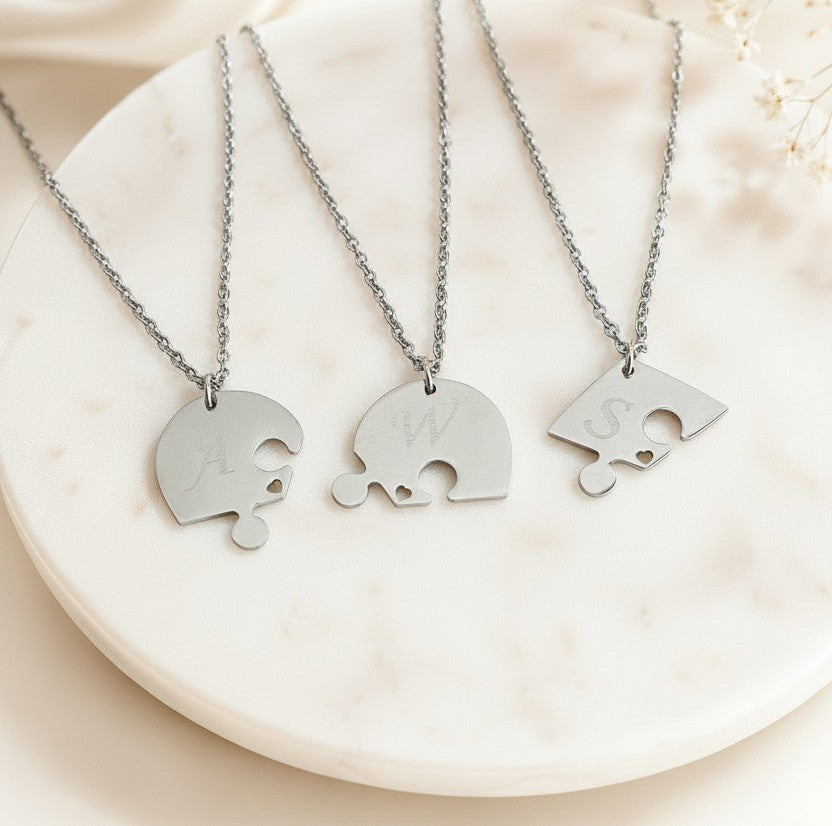 Personalized Stainless Steel 3-Piece Puzzle Heart Necklace Set with Tiny Heart