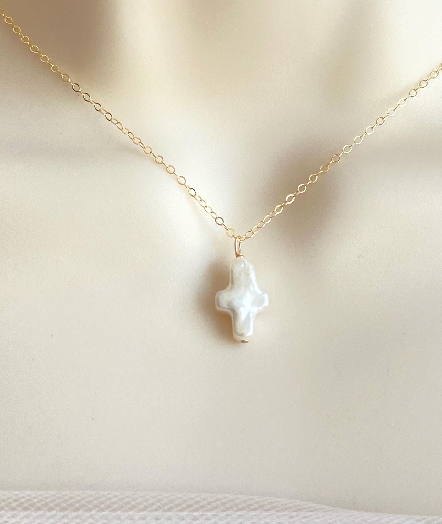 White Freshwater Pearl Cross Pendant Necklace in Sterling Silver or Gold Filled • Christian Faith Jewelry Gift