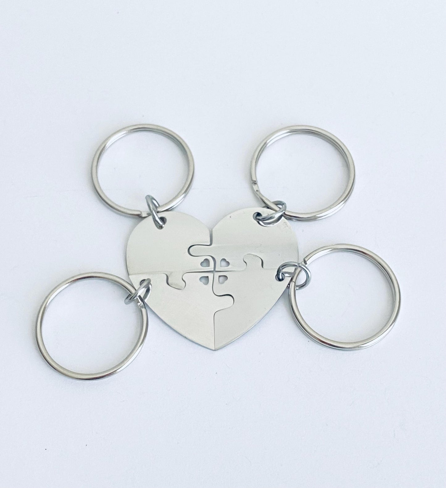 Personalized Stainless Steel 4-Piece Puzzle Key Chain Set with Tiny Heart Cutout • Custom Engraved Matching KeyChains