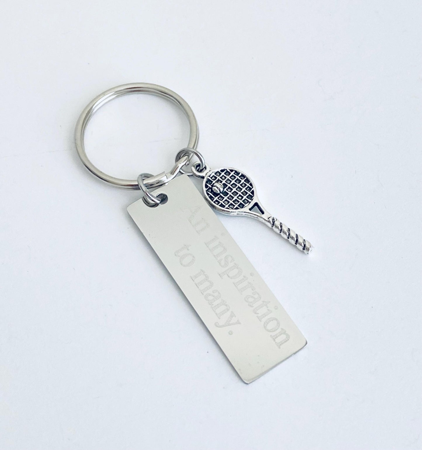 Personalized Stainless Steel Tag with Tennis Racket Charm Key Chain • Custom Engraved Sports Gift
