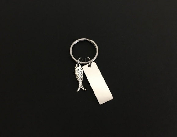 Personalized Stainless Steel Tag with Fish Charm Key Chain • Custom Engraved Fishing Gift