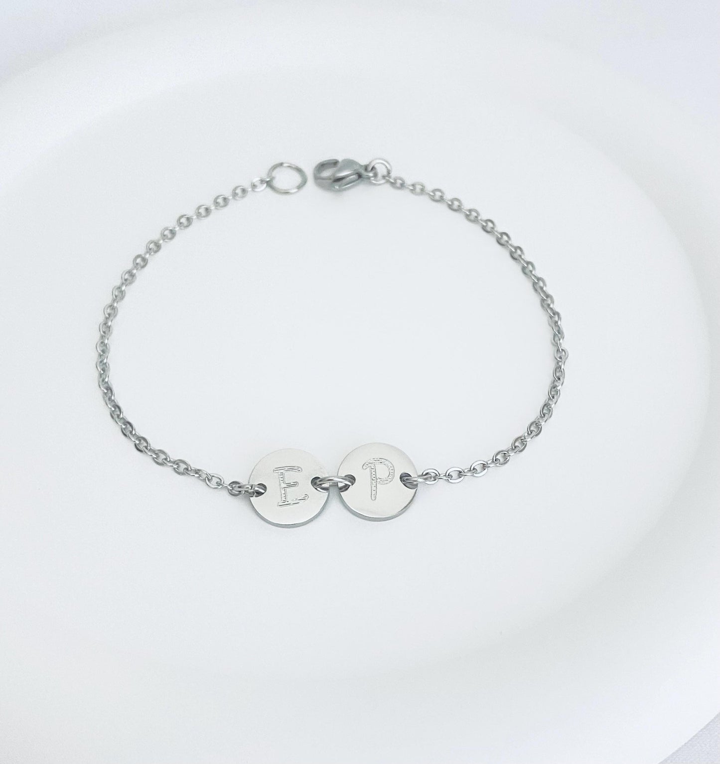Personalized Stainless Steel Initial Bracelet. Engraved Round Charm Bracelet. Minimalist Layering Jewelry.