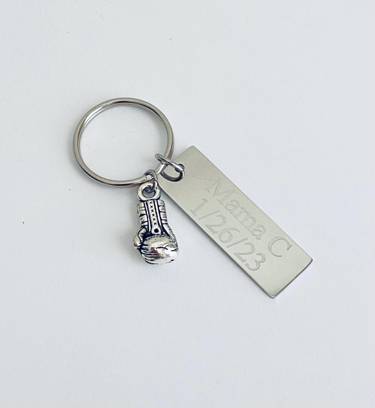 Personalized Key Chain with Boxing Glove Charm • Custom Engraved Stainless Steel Keychain