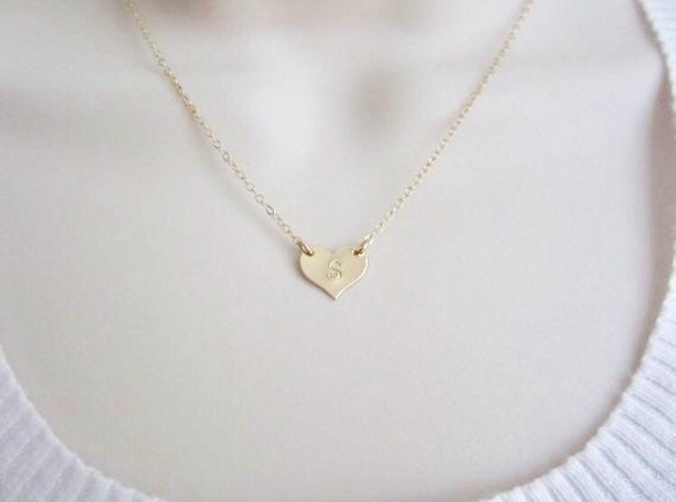 Gold Filled Heart Necklace with Hand Stamped Initial • Personalized Initial Necklace