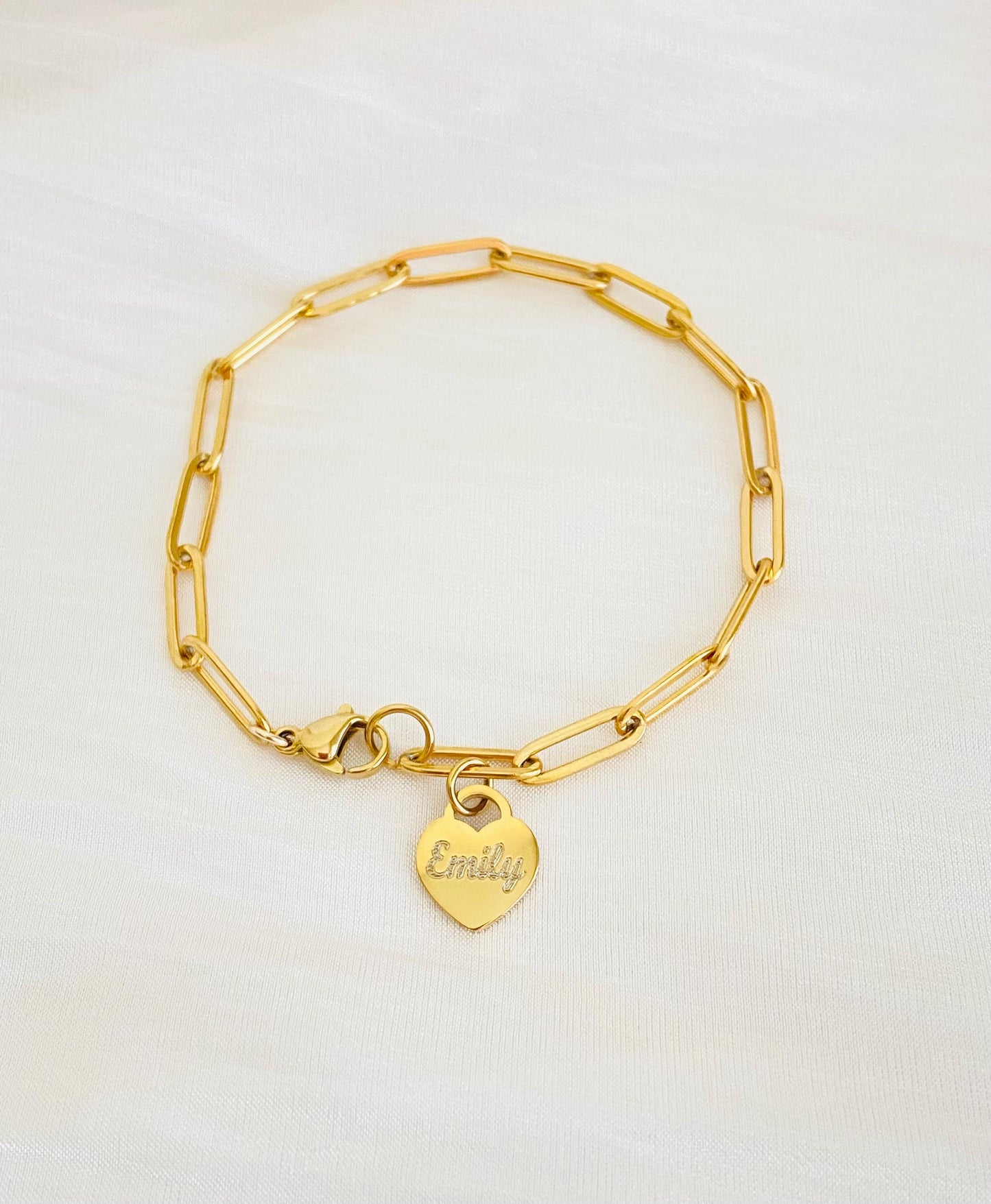Stainless Steel Paperclip Chain Bracelet with Personalized Heart Charm • Custom Engraved Bracelet in Silver or Gold