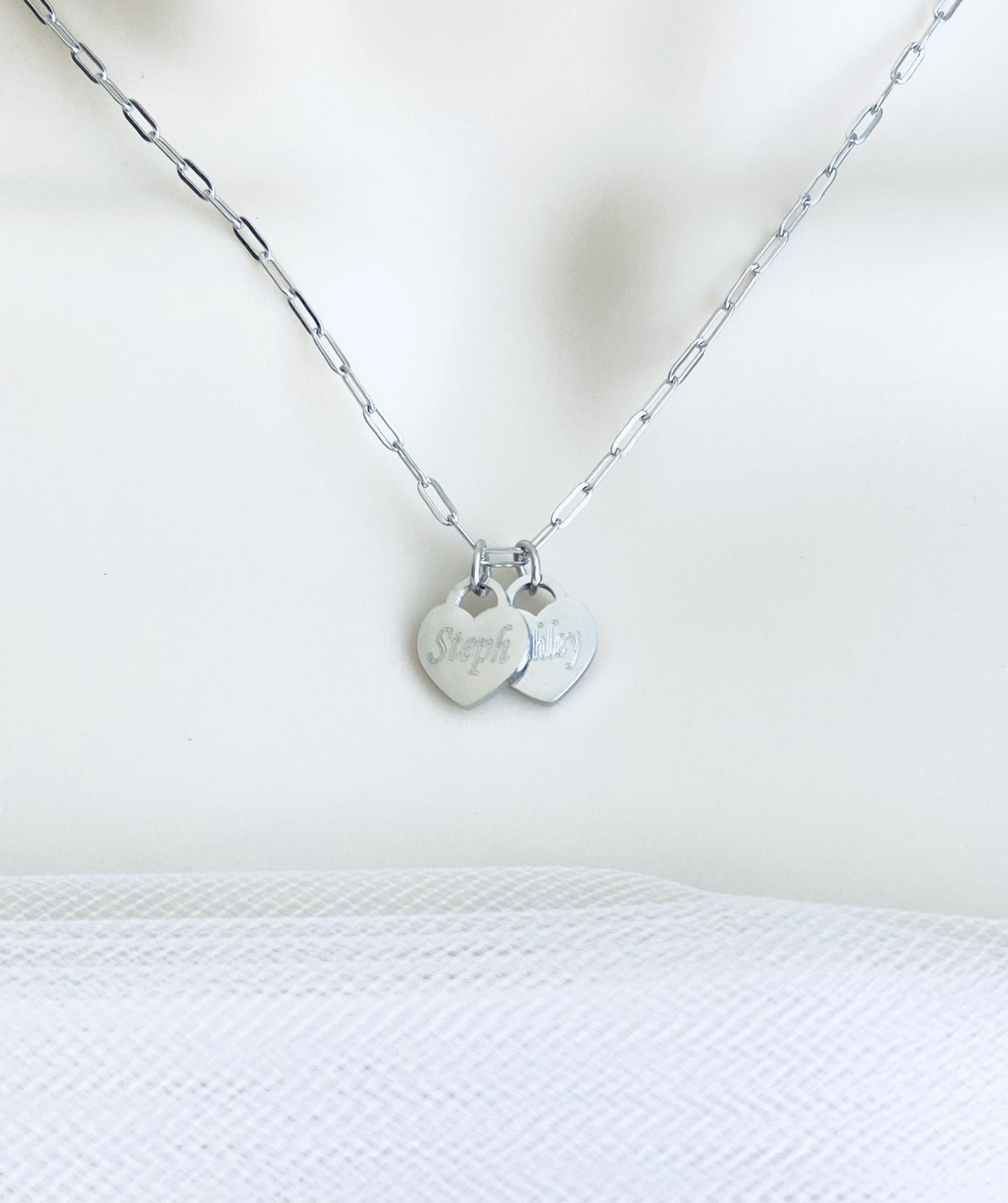 Personalized Heart Charm Necklace • Custom Engraved Necklace in Stainless Steel or Gold