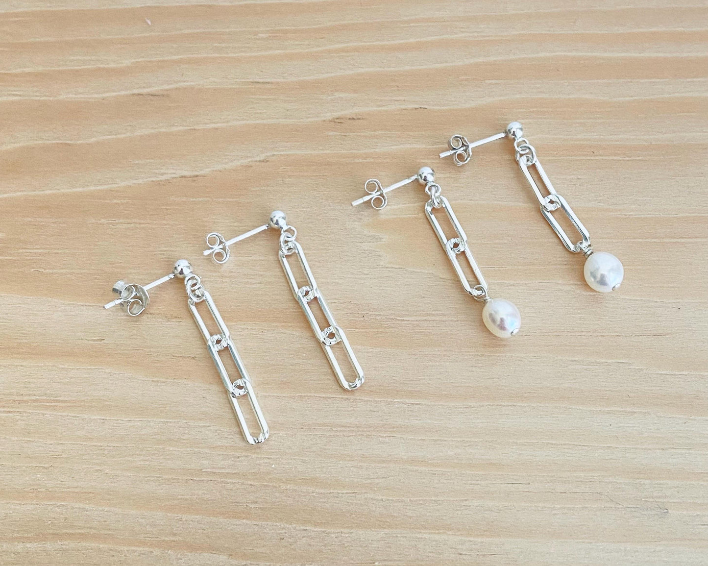Sterling Silver Paperclip Dangle Earrings • Minimalist Earrings with Plain Link or Freshwater Pearl