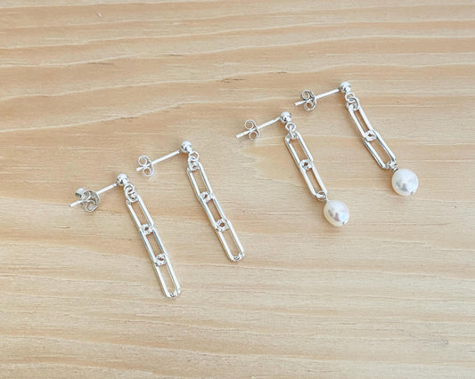 Sterling Silver Paperclip Dangle Earrings • Minimalist Earrings with Plain Link or Freshwater Pearl