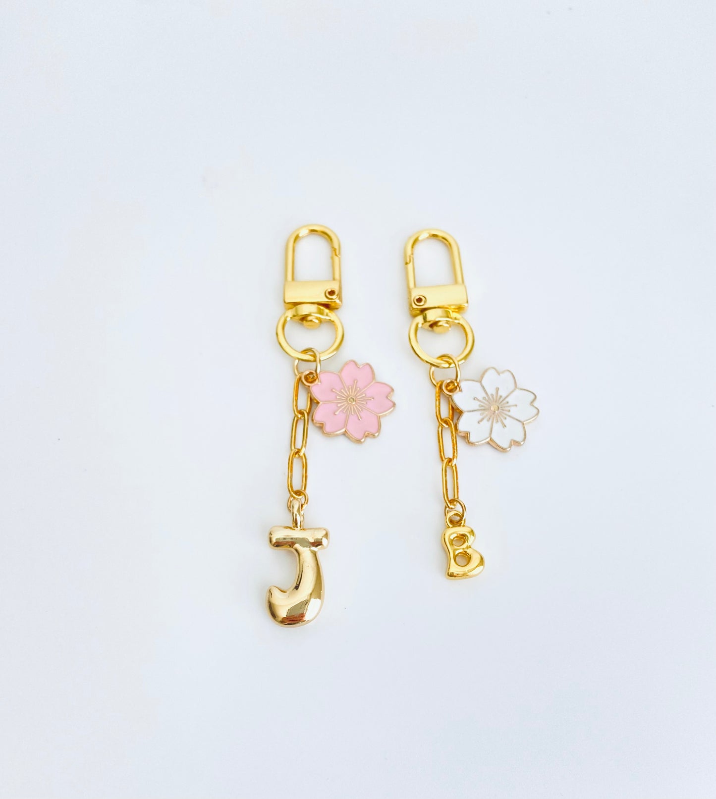 Matching Mother & Daughter Gold Tone Clip-On Bag Charm Set • Large & Small Bubble Initial with Flower Charm Set