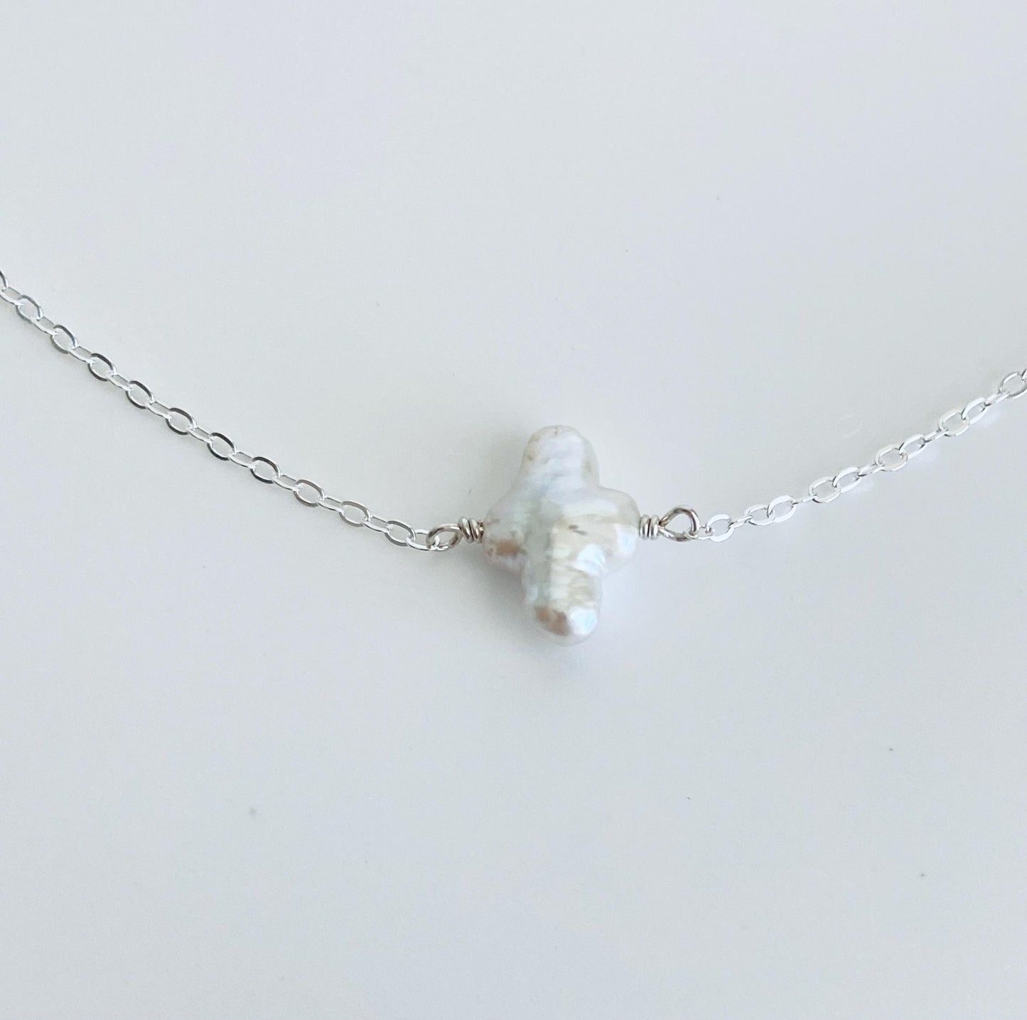 White Freshwater Pearl Cross Necklace in Sterling Silver or Gold Filled • Christian Pearl Jewelry Gift