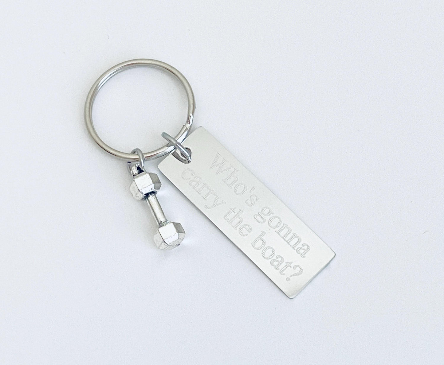 Personalized Key Chain with Small Dumbbell Charm • Custom Engraved Stainless Steel Fitness Keychain