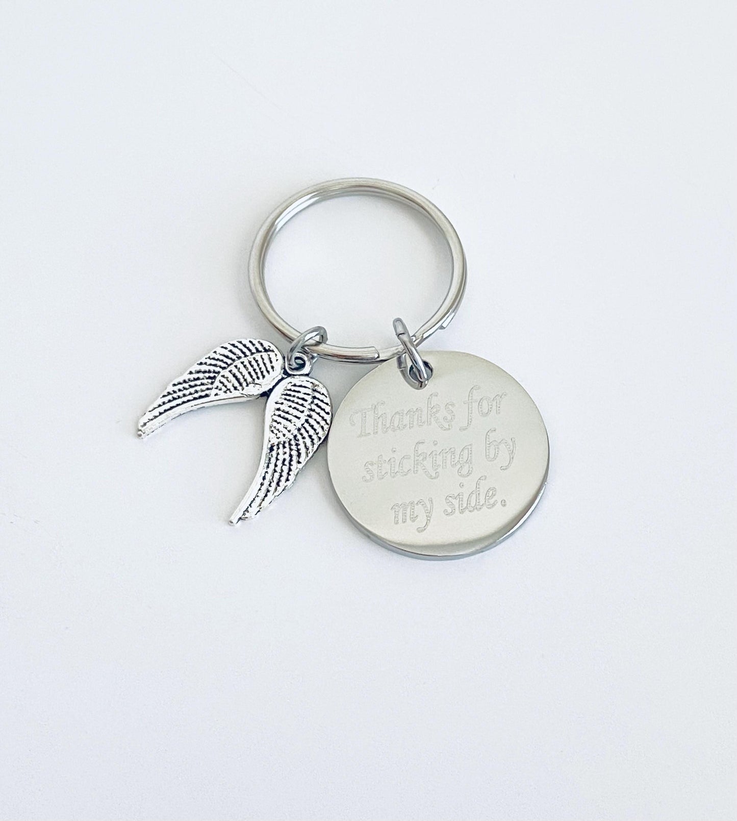 Personalized Stainless Steel Tag with Angel Wing Key Chain • Custom Engraved Guardian Keychain