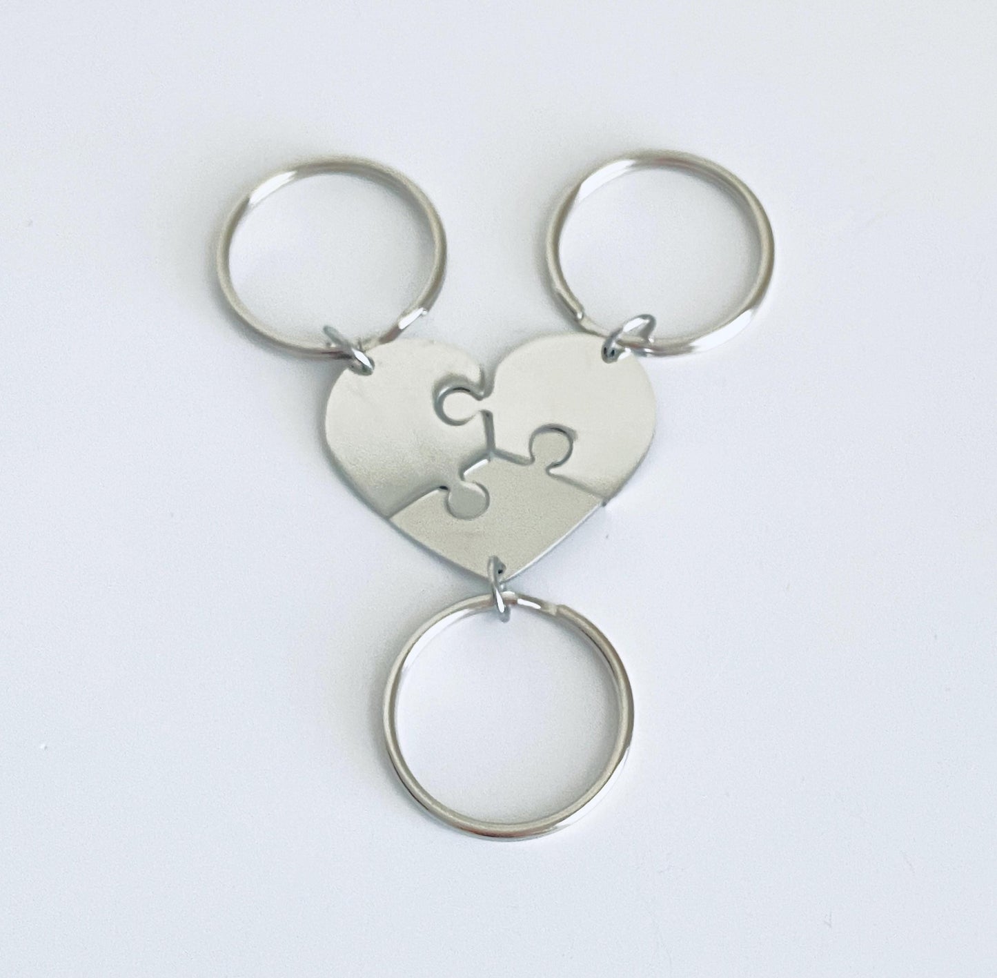 Personalized 3-Piece Heart Puzzle Keychain Set • Custom Engraved Matching Key Chains for Family & Friends