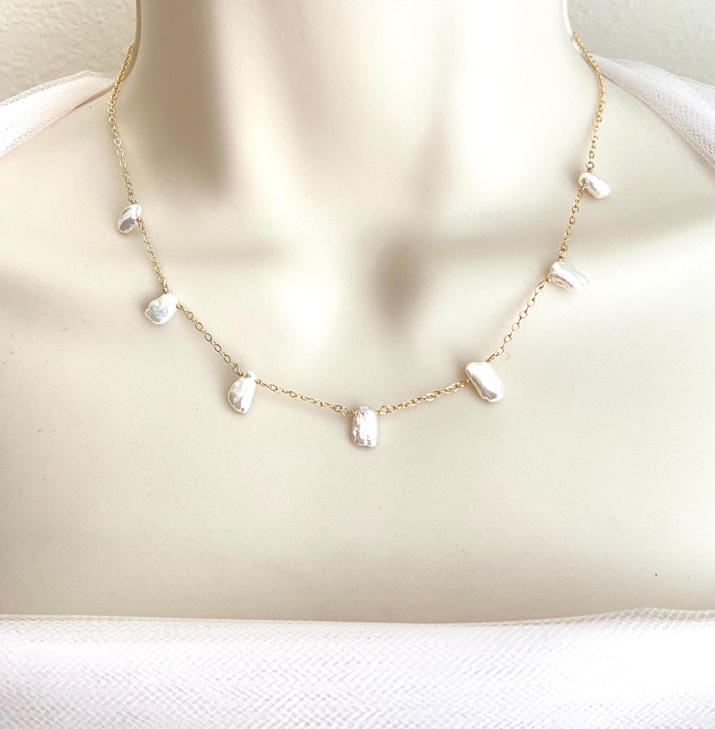 Delicate White Freshwater Keshi Pearl Necklace • Sterling Silver, Gold Filled or Rose Gold